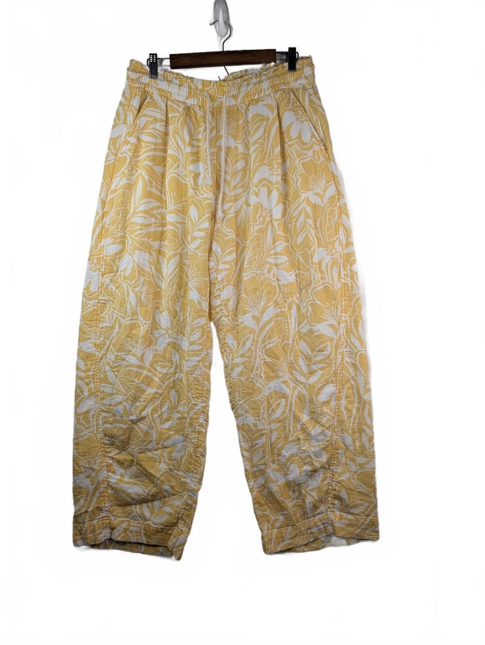 Old Navy High-Waisted Crinkle Gauze Barrel Ankle Pants Yellow White Tropical L